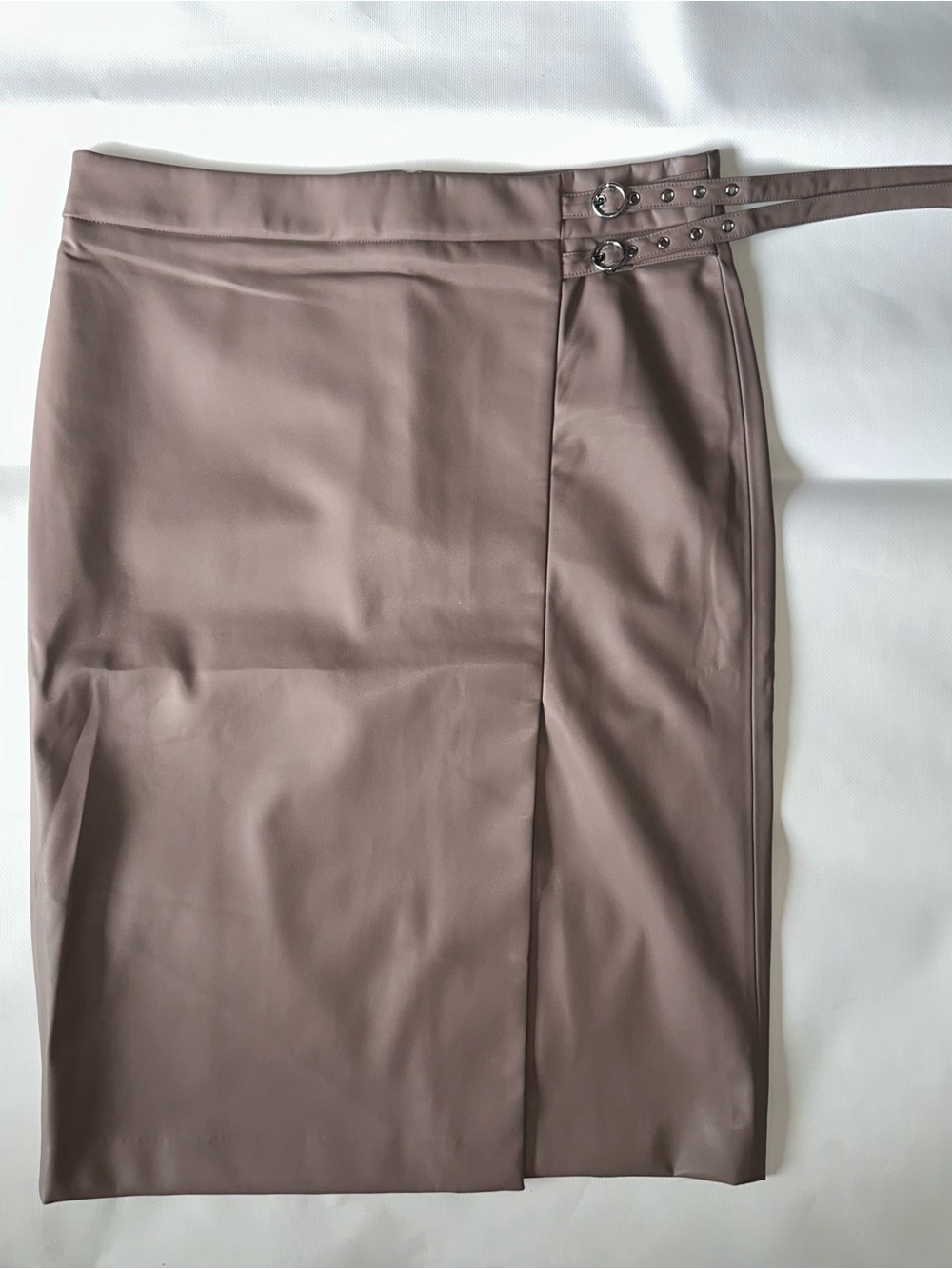 LOFT Versa Taupe Faux Leather Pencil Skirt with Double Buckle Waist Size 16